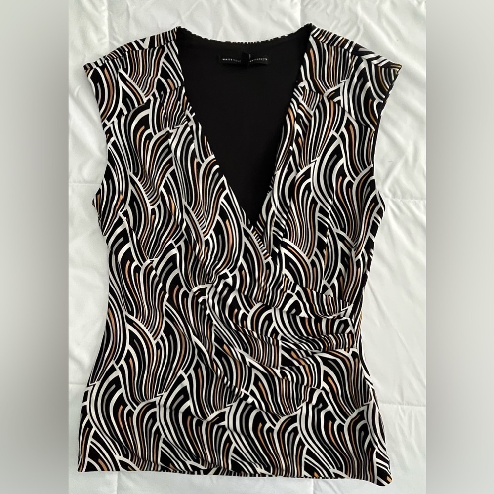 Women’s Black, White & Yellow Patterned V-Neck Sleeveless Top